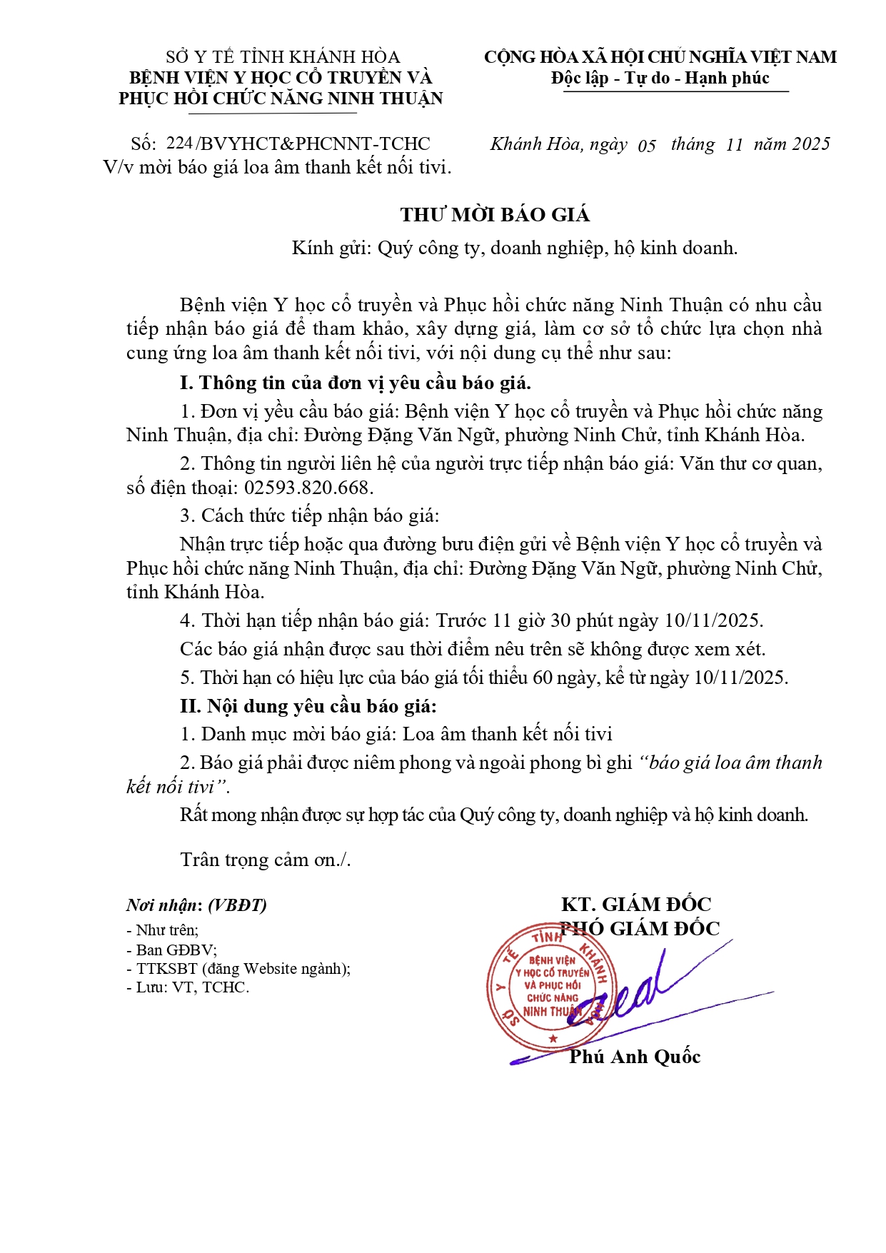 V/v mời báo giá loa âm thanh kết nối tivi